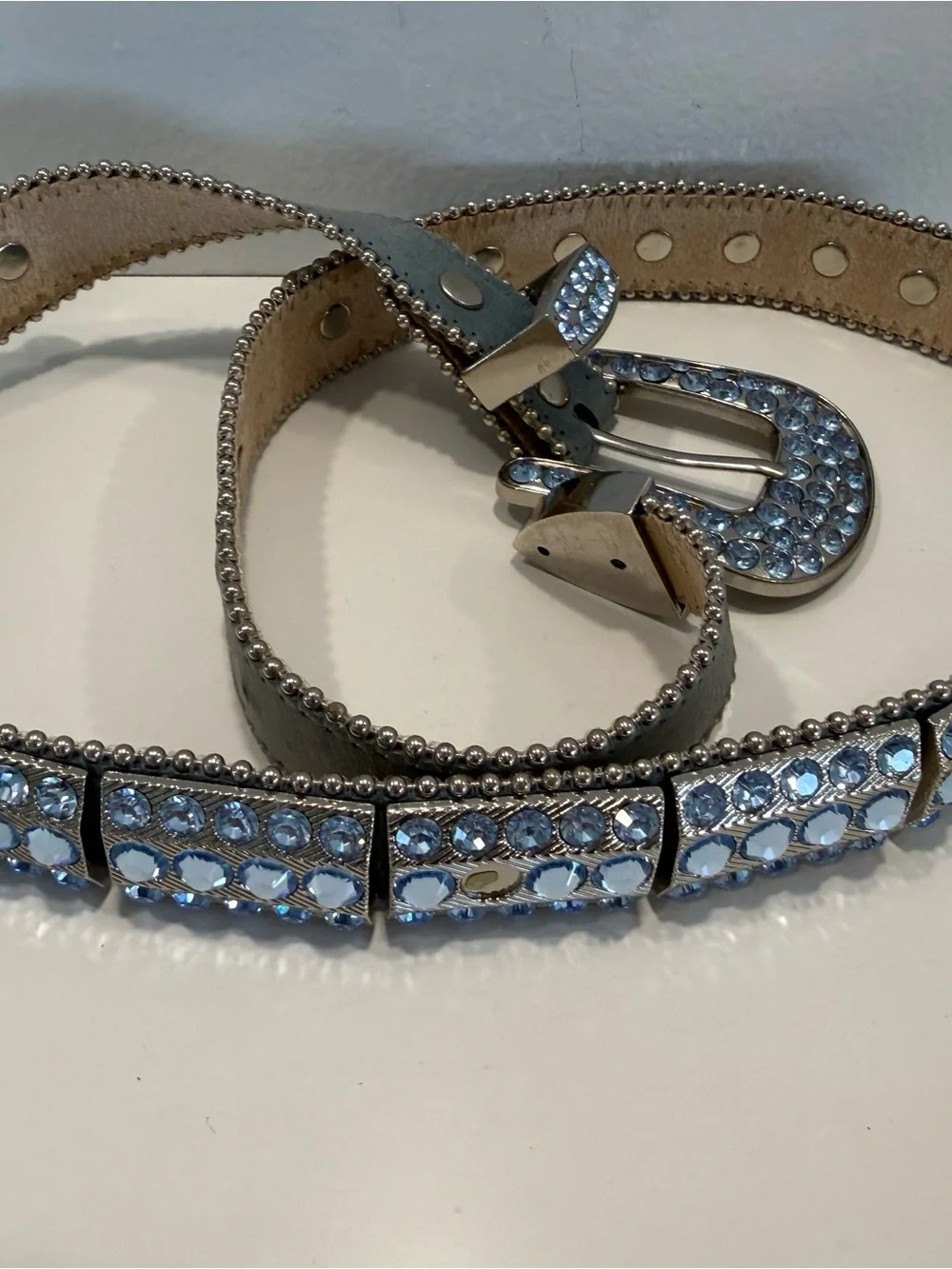 B.B. Simon Swarovski Crystal Embellished Light Blue Leather Belt - Women’s